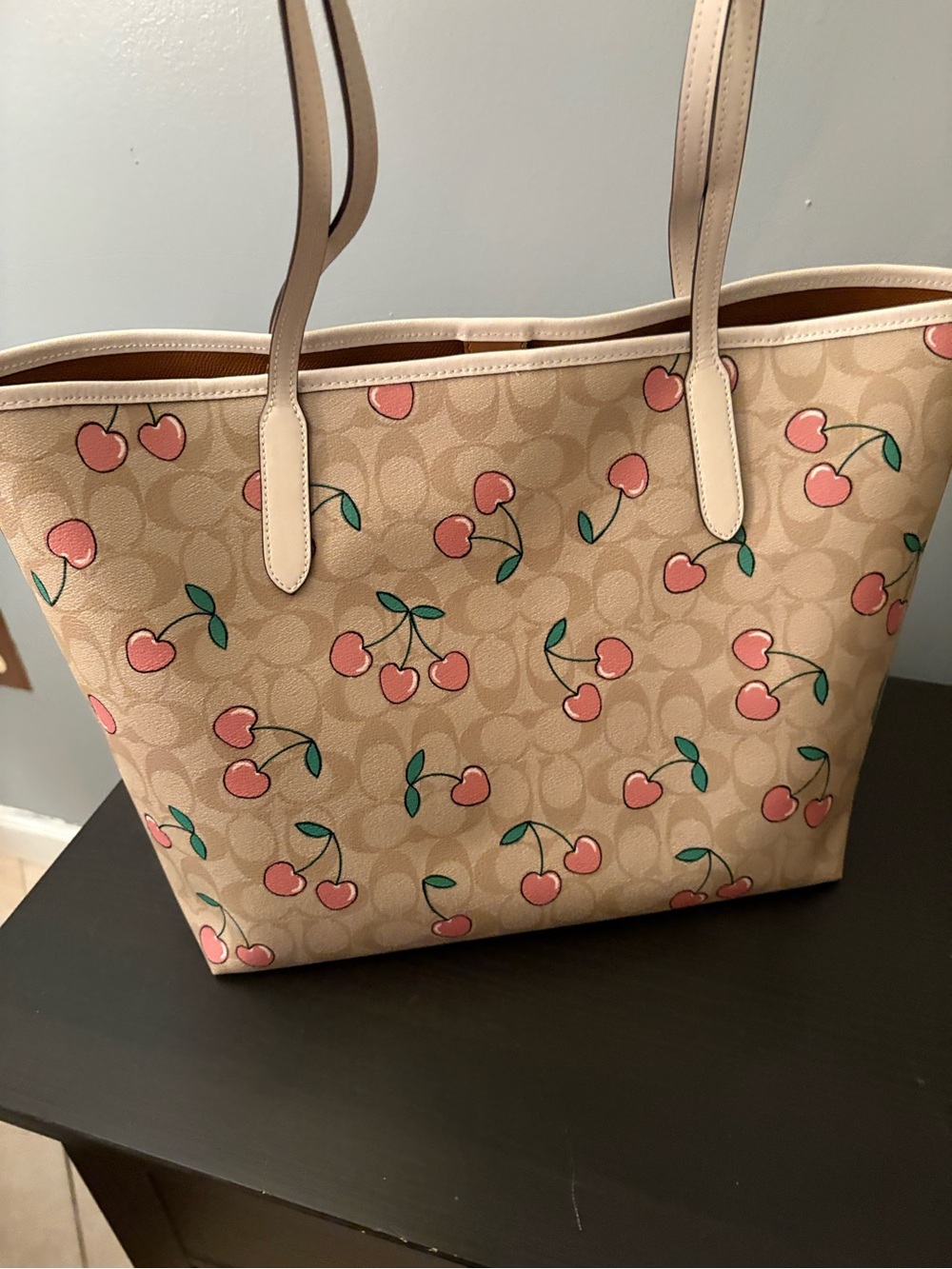 Cherry Print Tote Bag in Beige and Pink